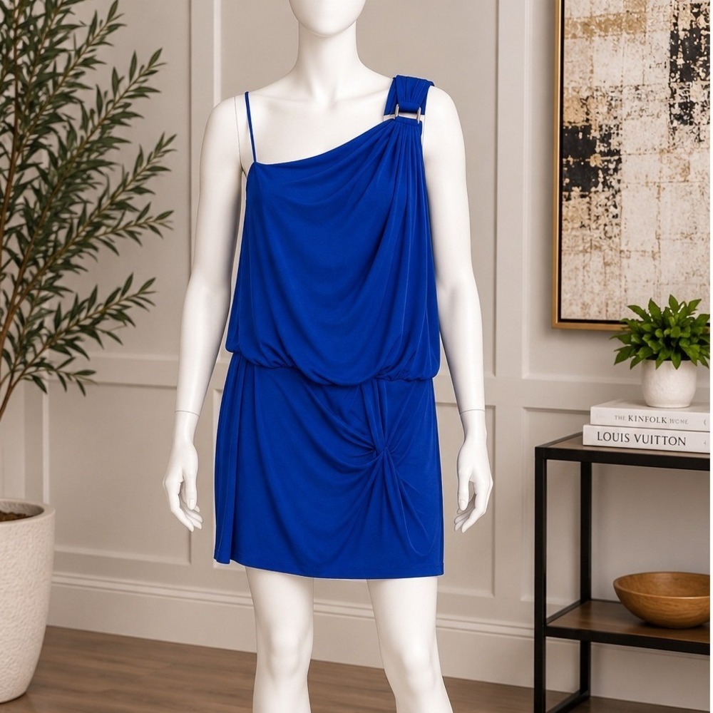 Laundry Shelli Segal Women One Shoulder Draped Blouson Dress Royal Blue Size 4
